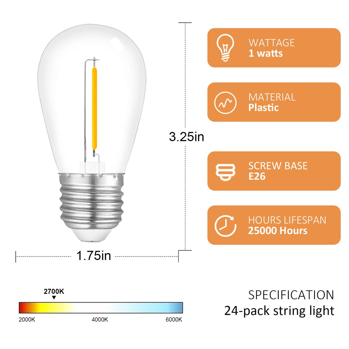Visther 24-Pack S14 LED Outdoor Bulbs – 1W, 120V, E26 Base, 2700K Warm White