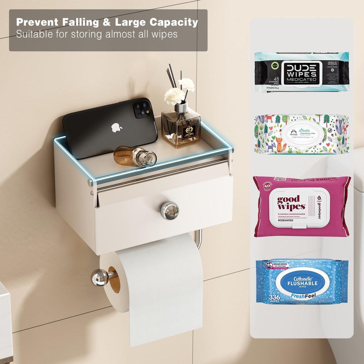 Voldra Toilet Paper Holder with Shelf and Front Flip Lid — Matte White