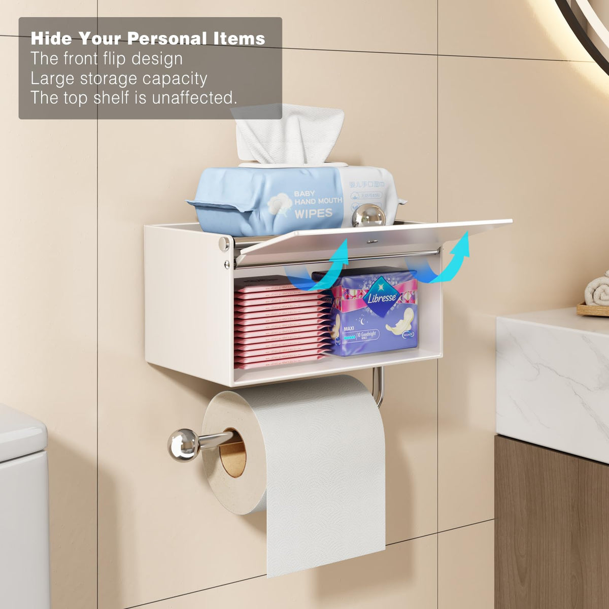 Voldra Toilet Paper Holder with Shelf and Front Flip Lid — Matte White