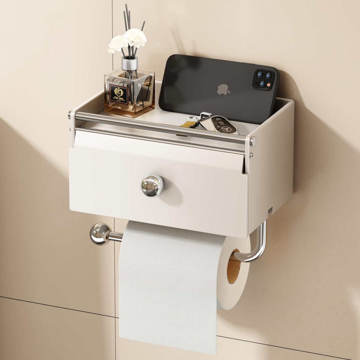 Voldra Toilet Paper Holder with Shelf and Front Flip Lid — Matte White
