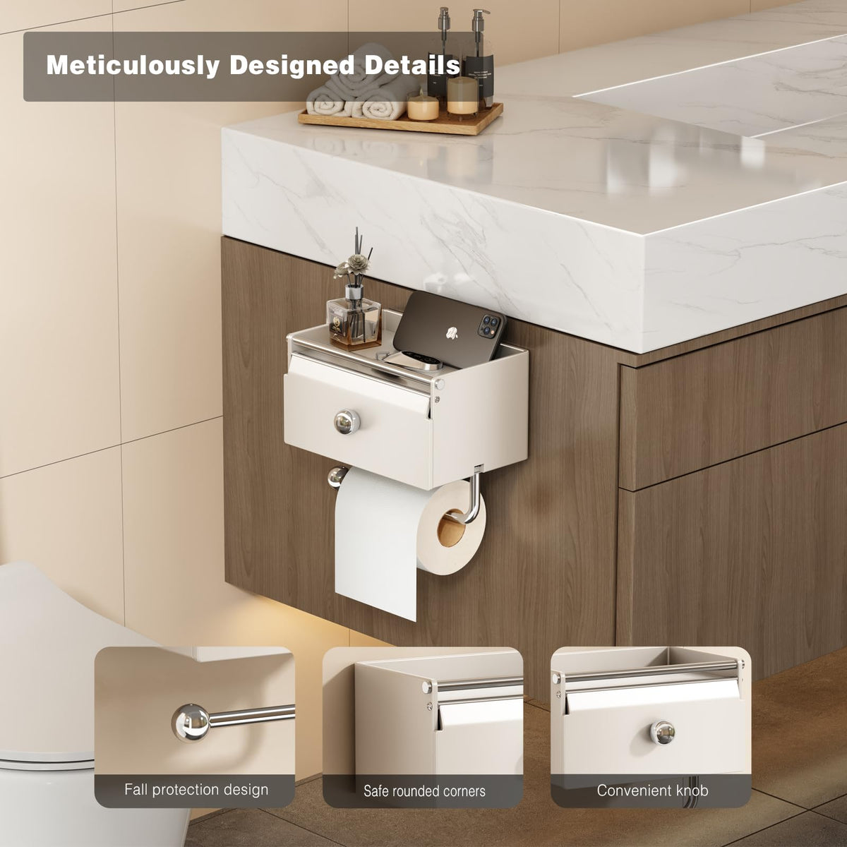 Voldra Toilet Paper Holder with Shelf and Front Flip Lid — Matte White