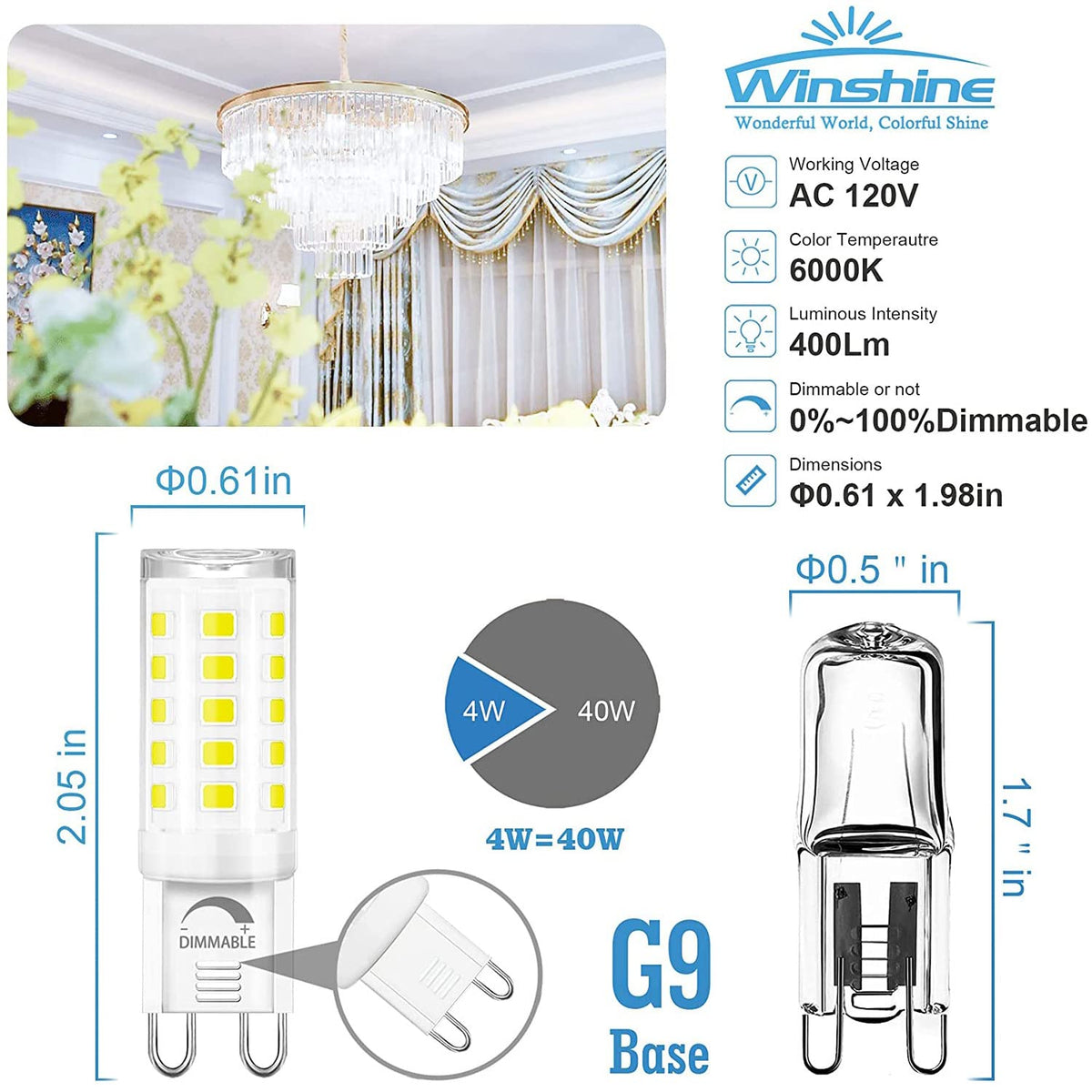 Winshine 10 Pack G9 LED Bulb Dimmable 6000K Daylight, 4W, 40W Halogen Equivalent, No-Flicker, 120V